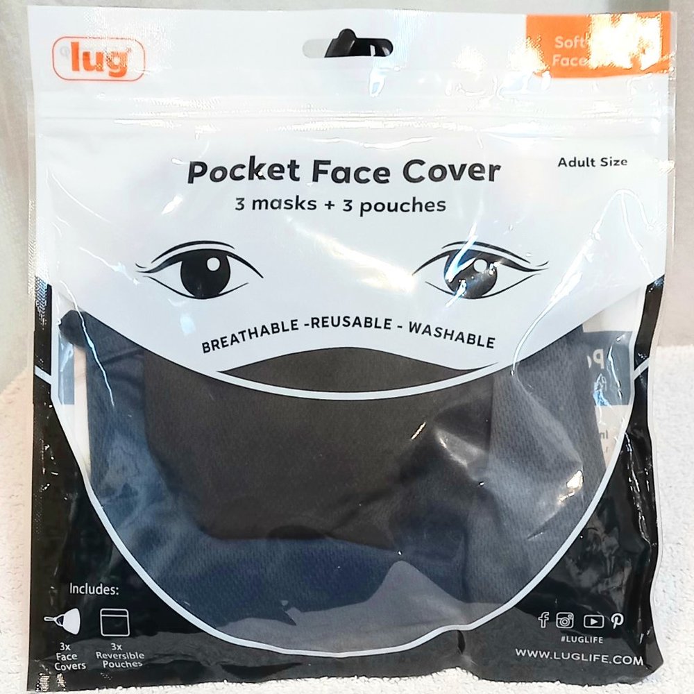 LUG Pocket Soft Lined Face Covers-Adult Size-3 Masks/3 Pockets - Solids 2 - NEW
